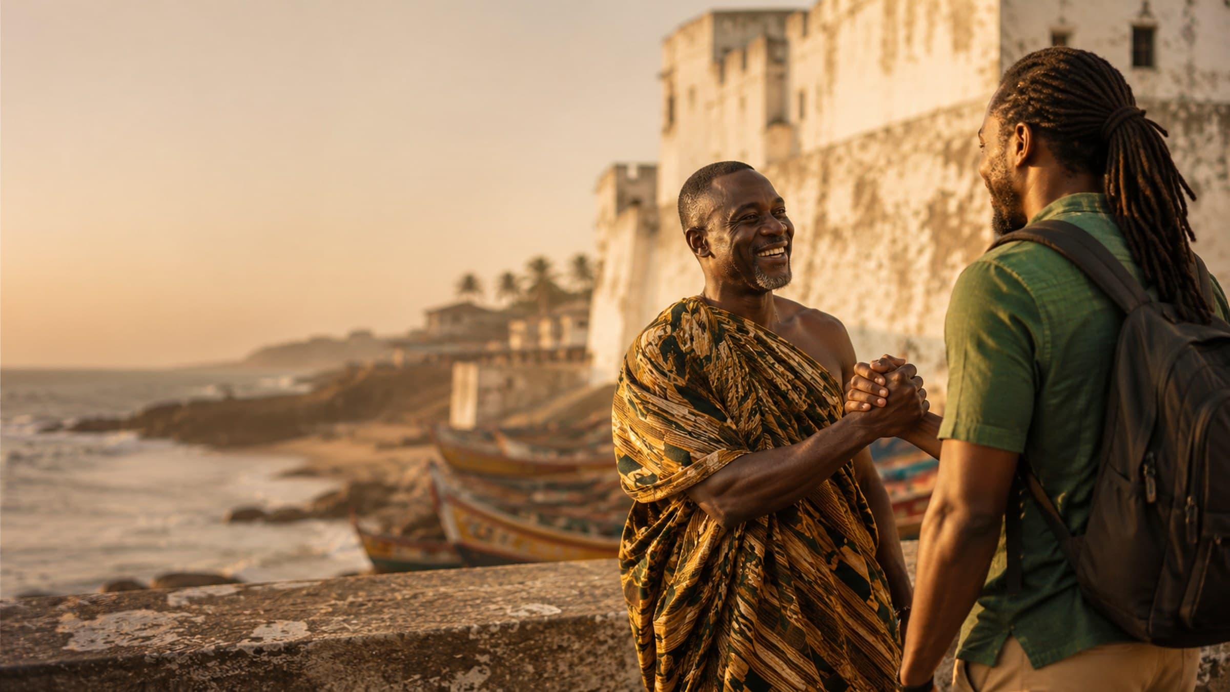 Diaspora visitor contemplating the Sankofa monument and Independence Arch in Accra at sunset