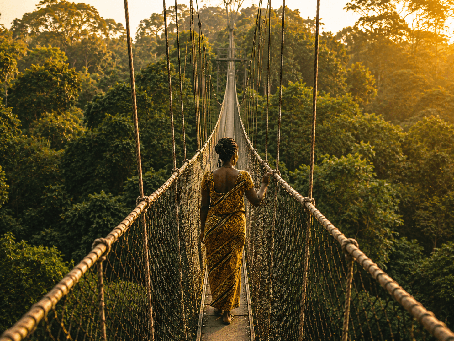 Traveler in ankara crossing a Ghanaian rainforest canopy bridge at golden hour