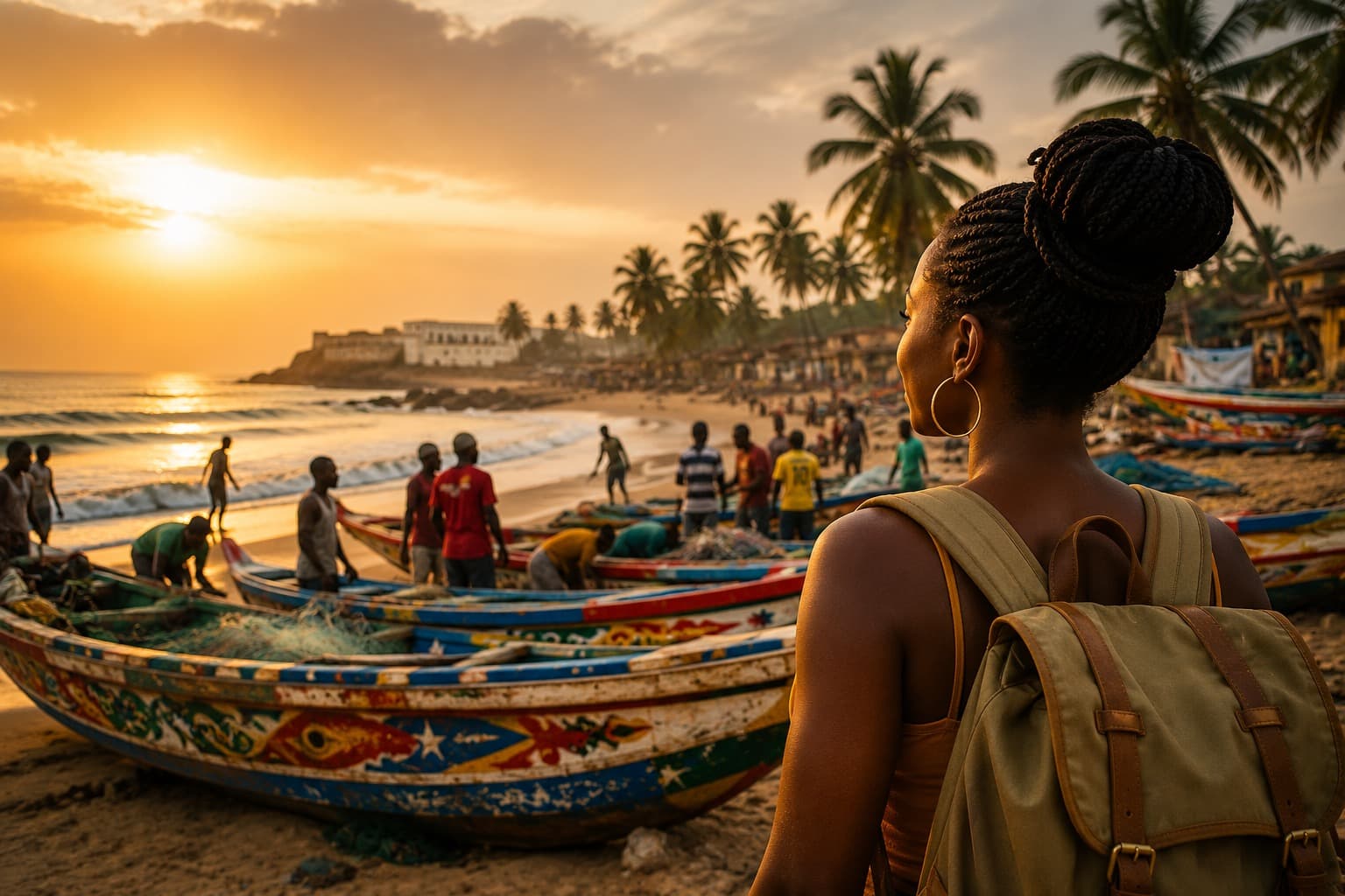Traveler watching fishermen at a Ghana coastal village at sunset